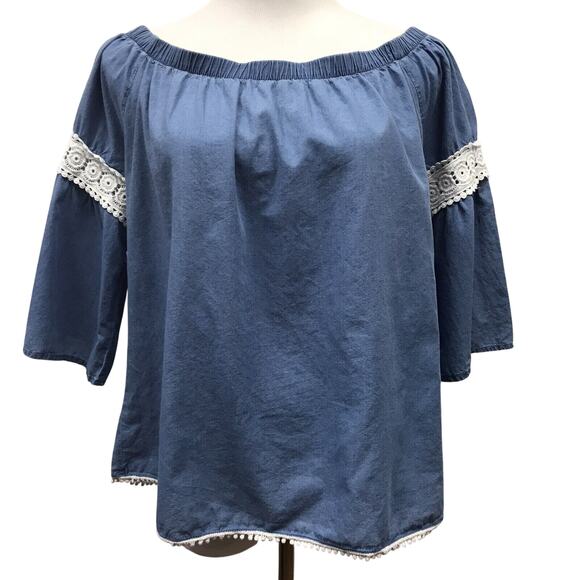 Joes Collection Top Womens Large Blue Chambray White Detailed Hemline - Picture 2 of 8